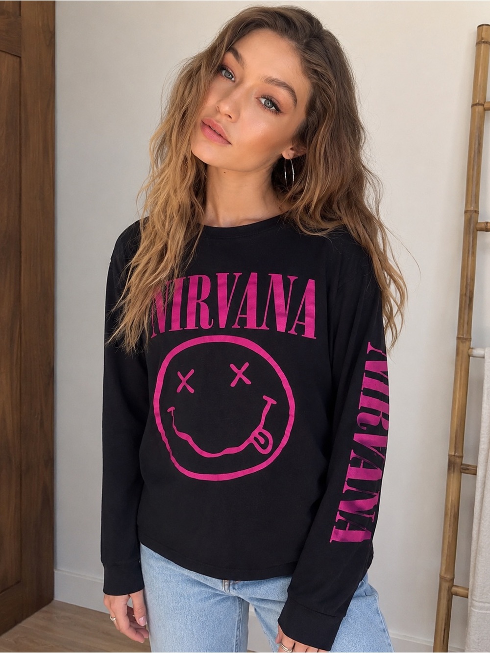 NIRVANA Black Long Sleeve Sweater with Hot Pink Logo